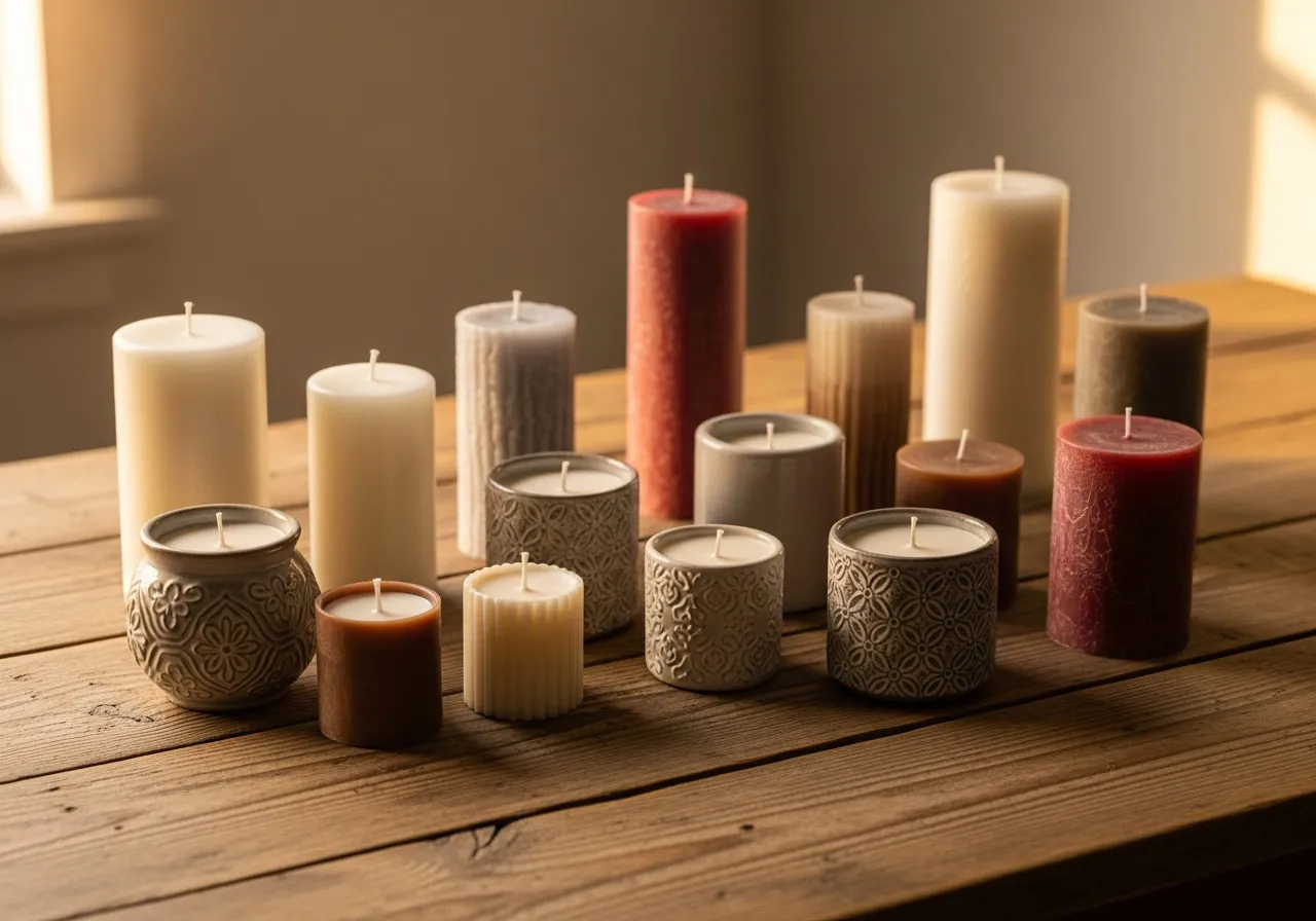 Handcrafted candles displayed on wooden surface with warm lighting