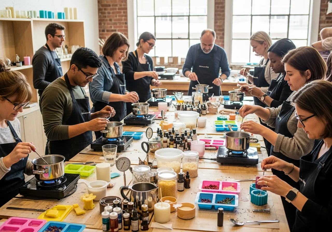 Participants learning candlemaking techniques in bright workshop space with natural light