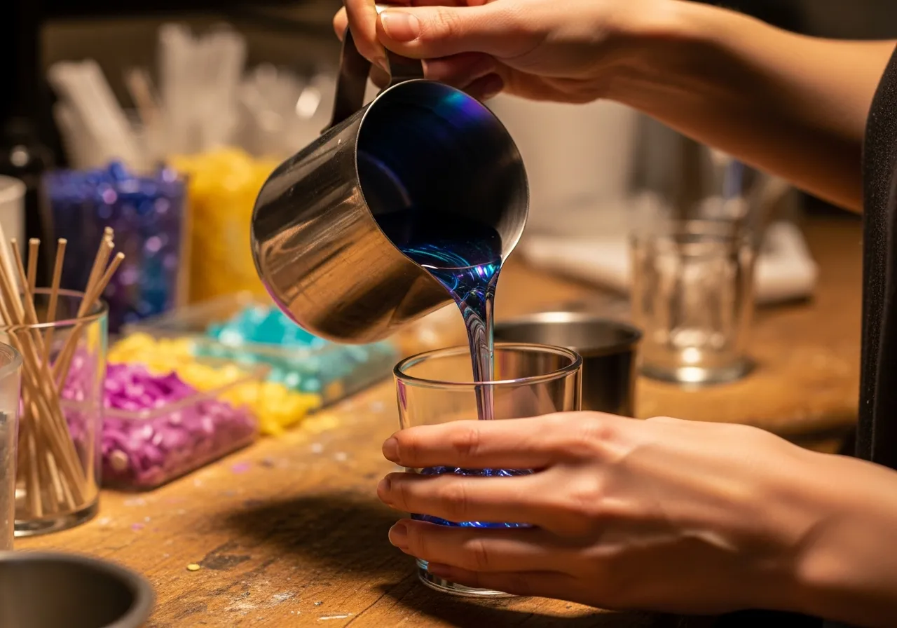 Close-up of hands pouring melted wax into glass container during workshop