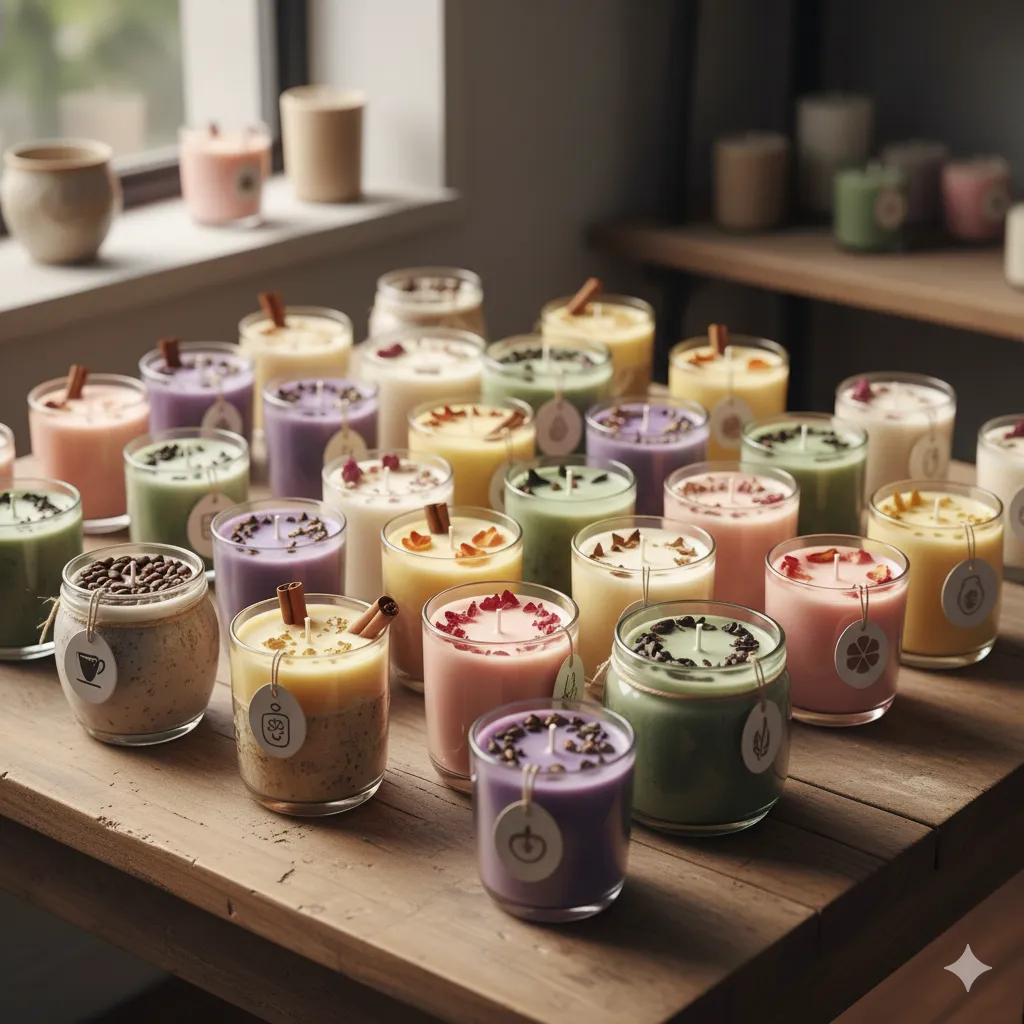 Array of colorful finished candles with various scents and decorative elements